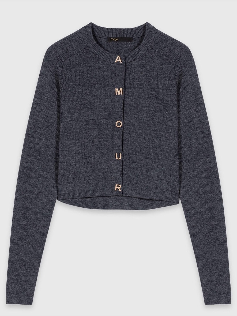 Maje Charcoal Cropped Knit Cardigan with AMOUR Letter Buttons